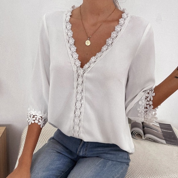 Boho White Crochet floral Lace Solid Blouse - Picture 4 of 5